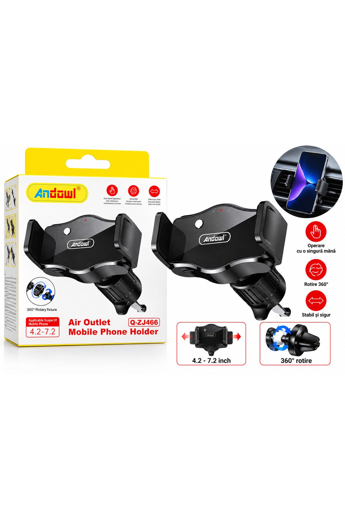 Suport auto pentru telefon Q-ZJ466 cu incarcare, prindere grilă ventilație, rotire 360°, 4.2–7.2 inch, Negru