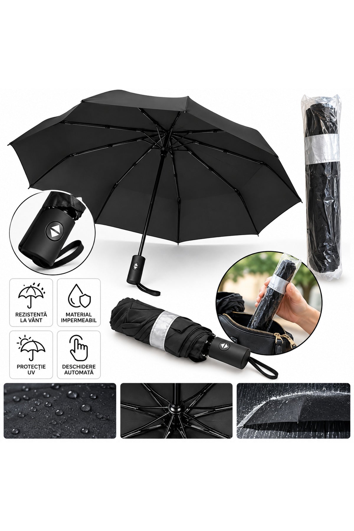 Umbrelă pliabilă automată neagră, compactă și impermeabilă