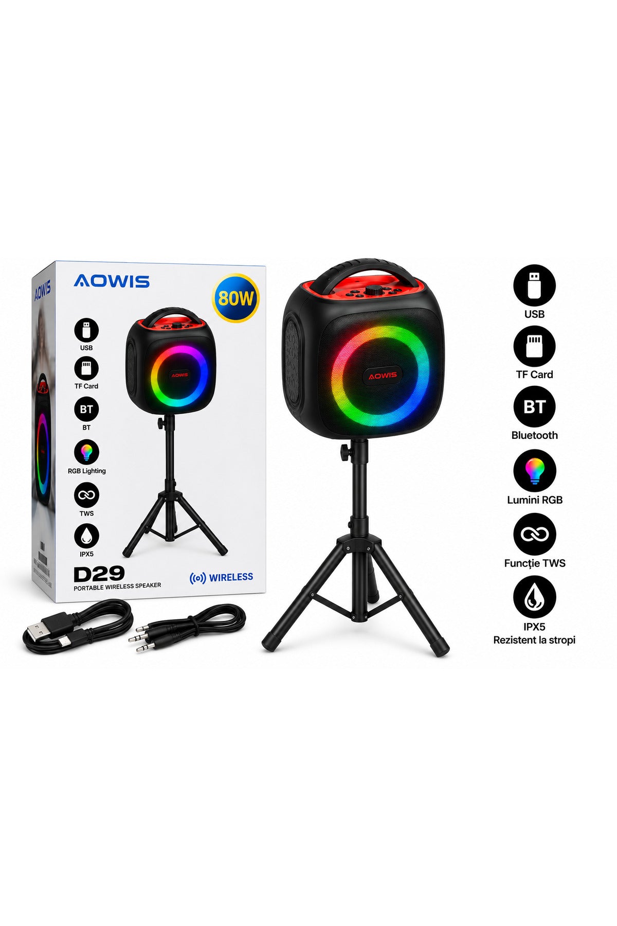 Boxă portabilă AOWIS D29, Bluetooth, 80W, RGB, USB, TF Card, TWS, IPX5, cu trepied