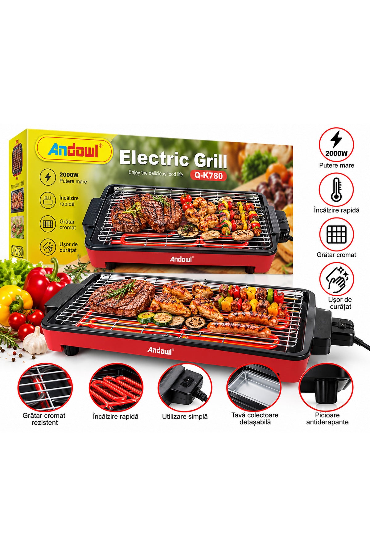 Grătar Electric Q-K780, de Masă, cu Grilaj Metalic, Roșu și Negru