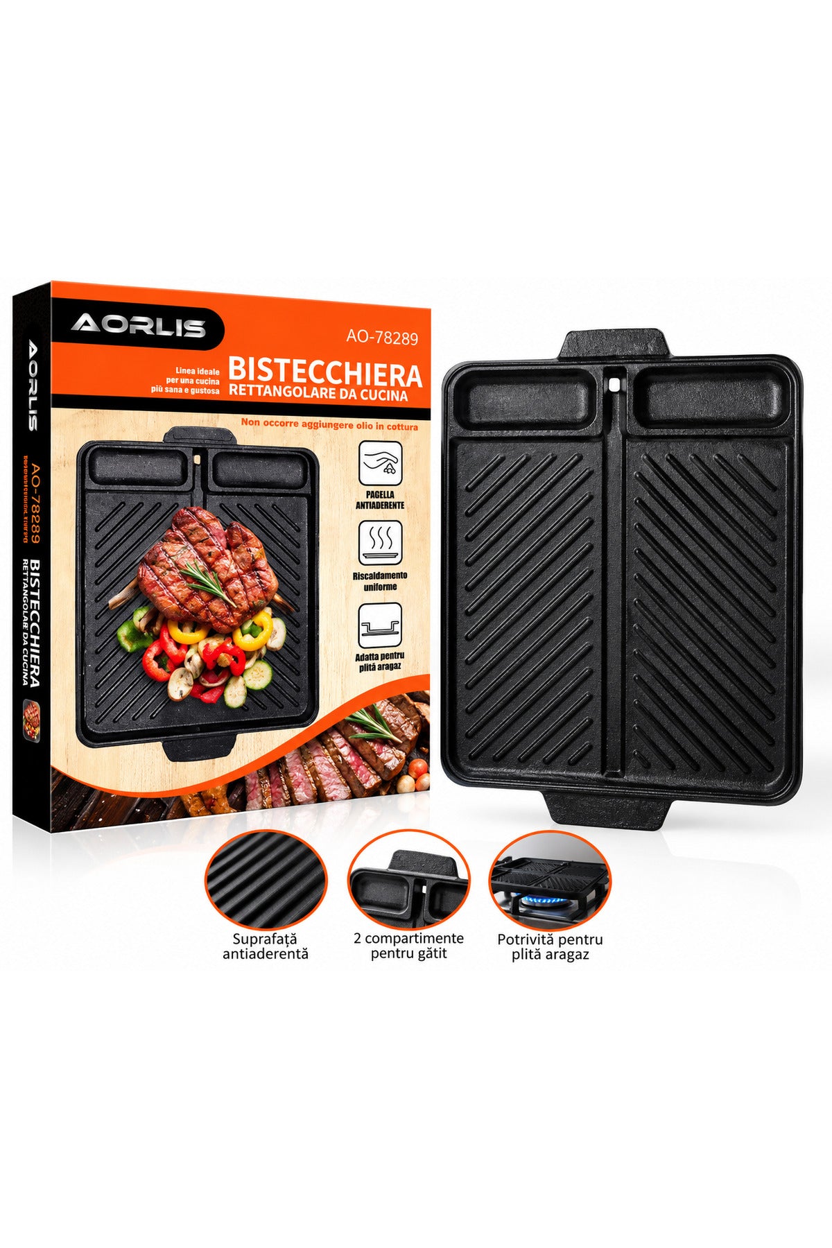Grill pentru Aragaz AORLIS AO-78289, Placă Dreptunghiulară cu Suprafață Striată, Negru