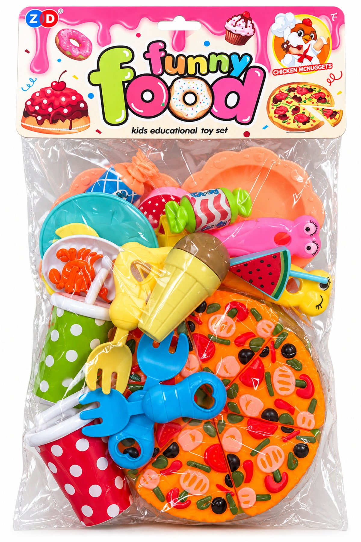 Set de joacă Funny Food cu alimente, pizza și accesorii de bucătărie, multicolor