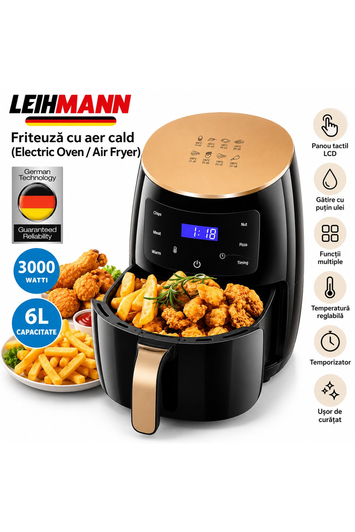 Friteuză cu aer cald 6L, 3000W, control tactil LCD, Negru/Auriu