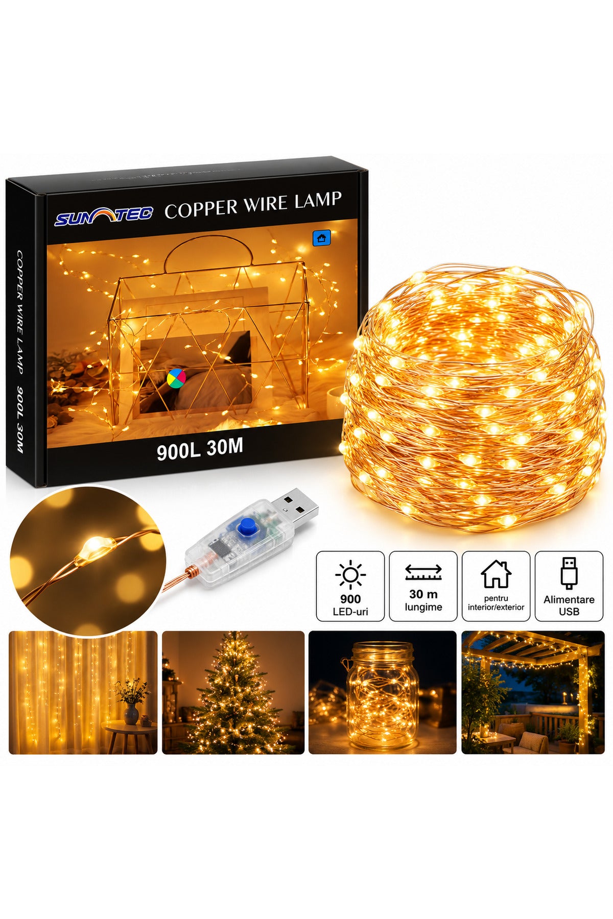 Instalație luminoasă LED SUNATEC, 30 m, 900 LED-uri, fir cupru, lumină caldă, alimentare USB