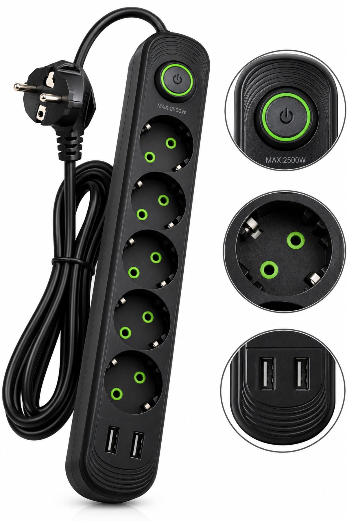 Prelungitor electric 5 prize Schuko, 2 porturi USB, întrerupător, putere maximă 2500 W, Negru