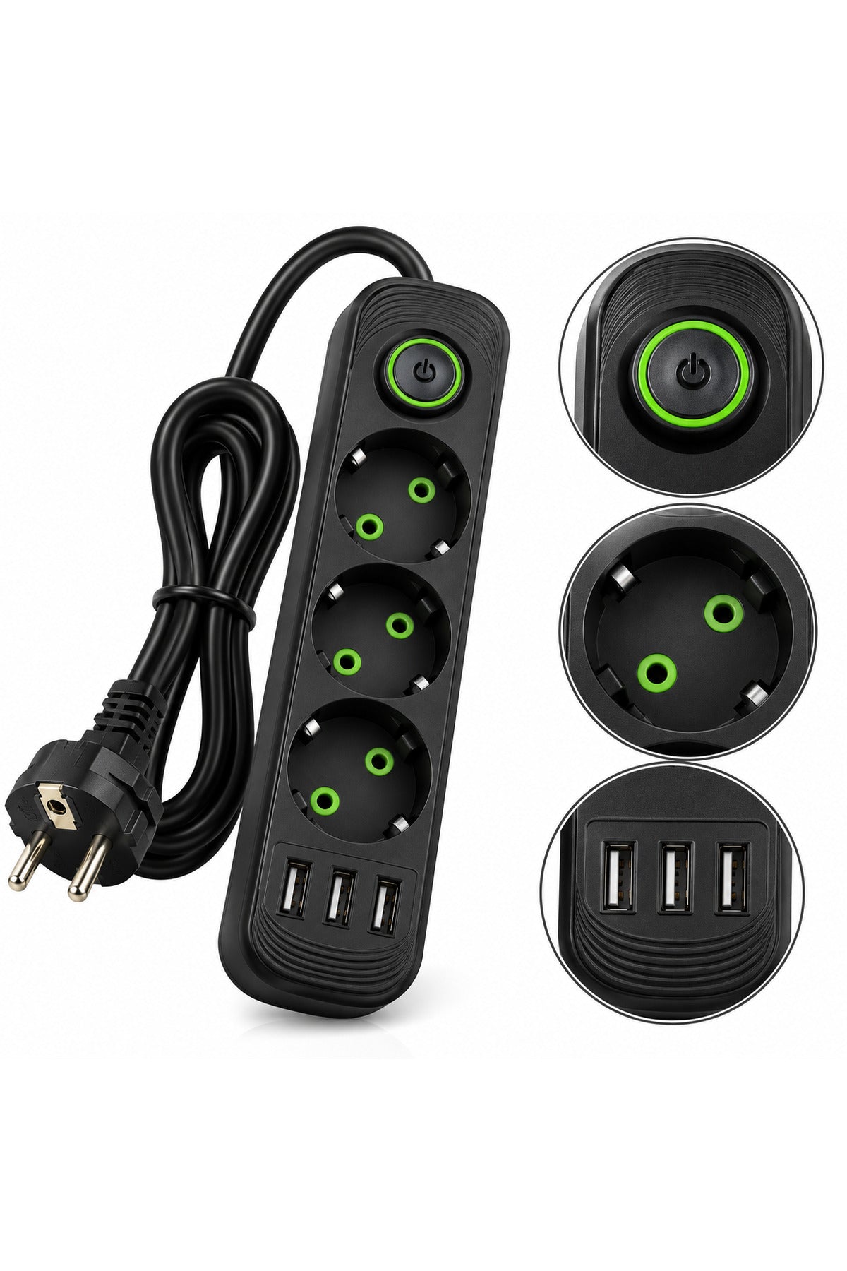 Prelungitor electric 3 prize Schuko, 3 porturi USB, întrerupător ON/OFF, 2500W, Negru