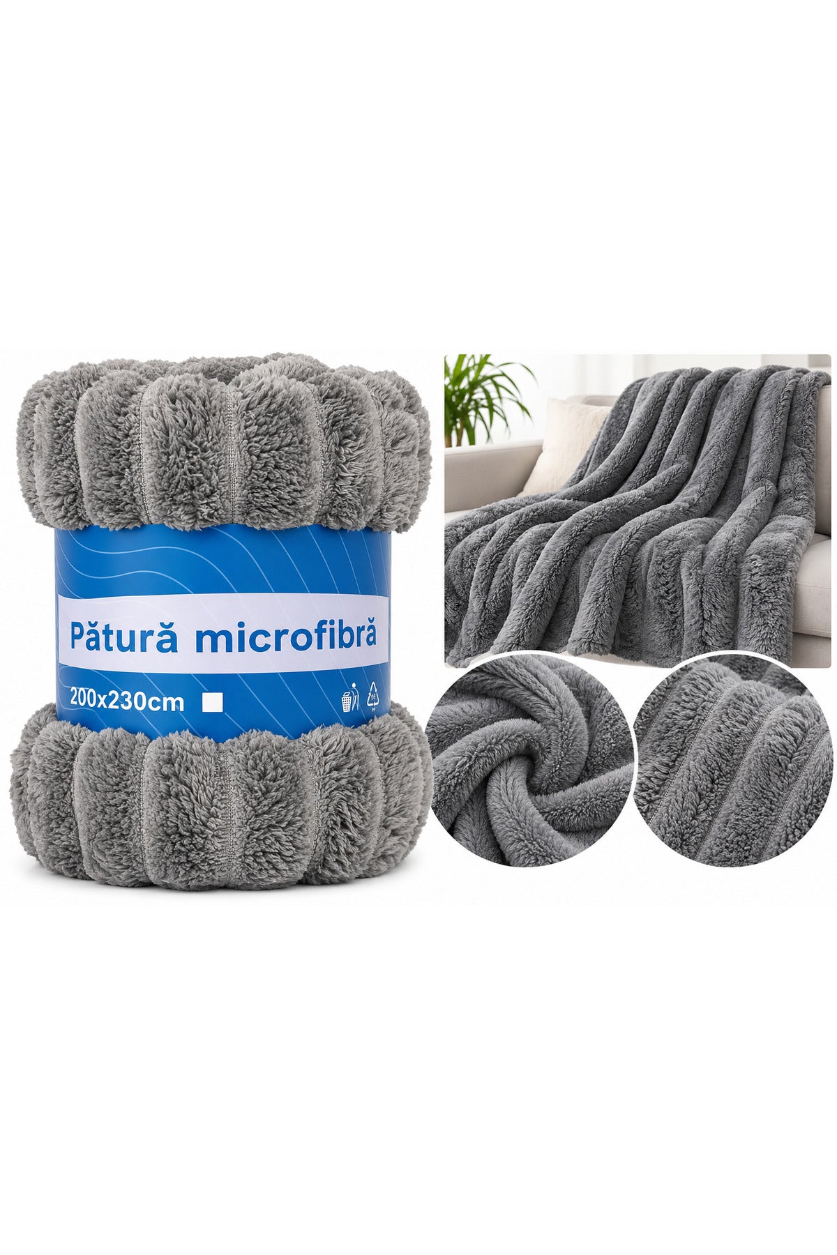 Pătură pufoasă din microfibră, 200x230 cm, moale și călduroasă, Gri