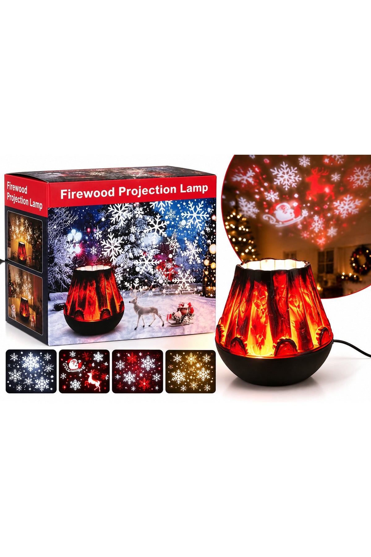 Lampă LED decorativă de Crăciun cu efect de foc și proiecție fulgi de zăpadă
