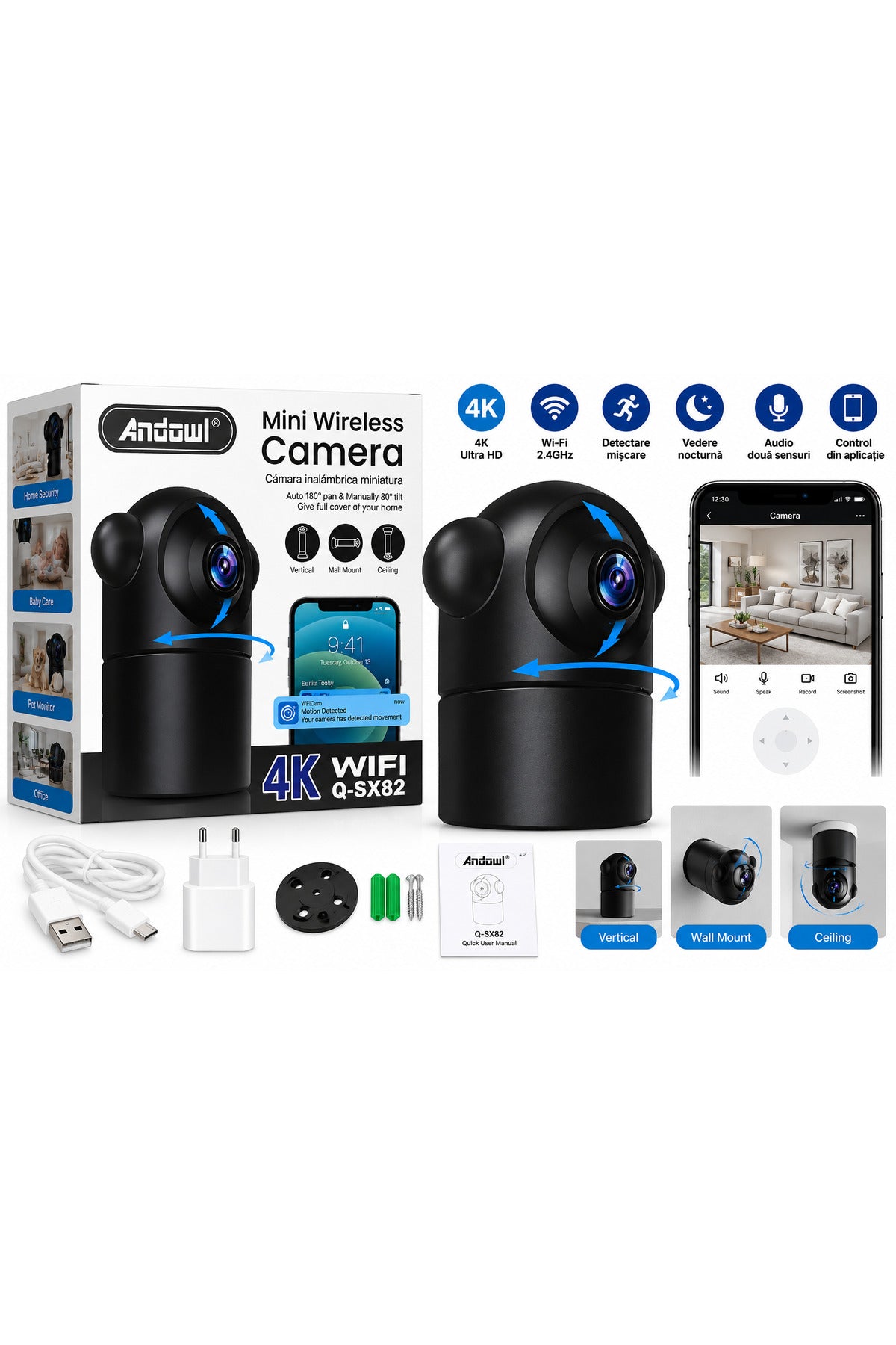 Cameră de supraveghere Wi-Fi Q-SX82, 4K, rotativă, detectare mișcare, control prin aplicație