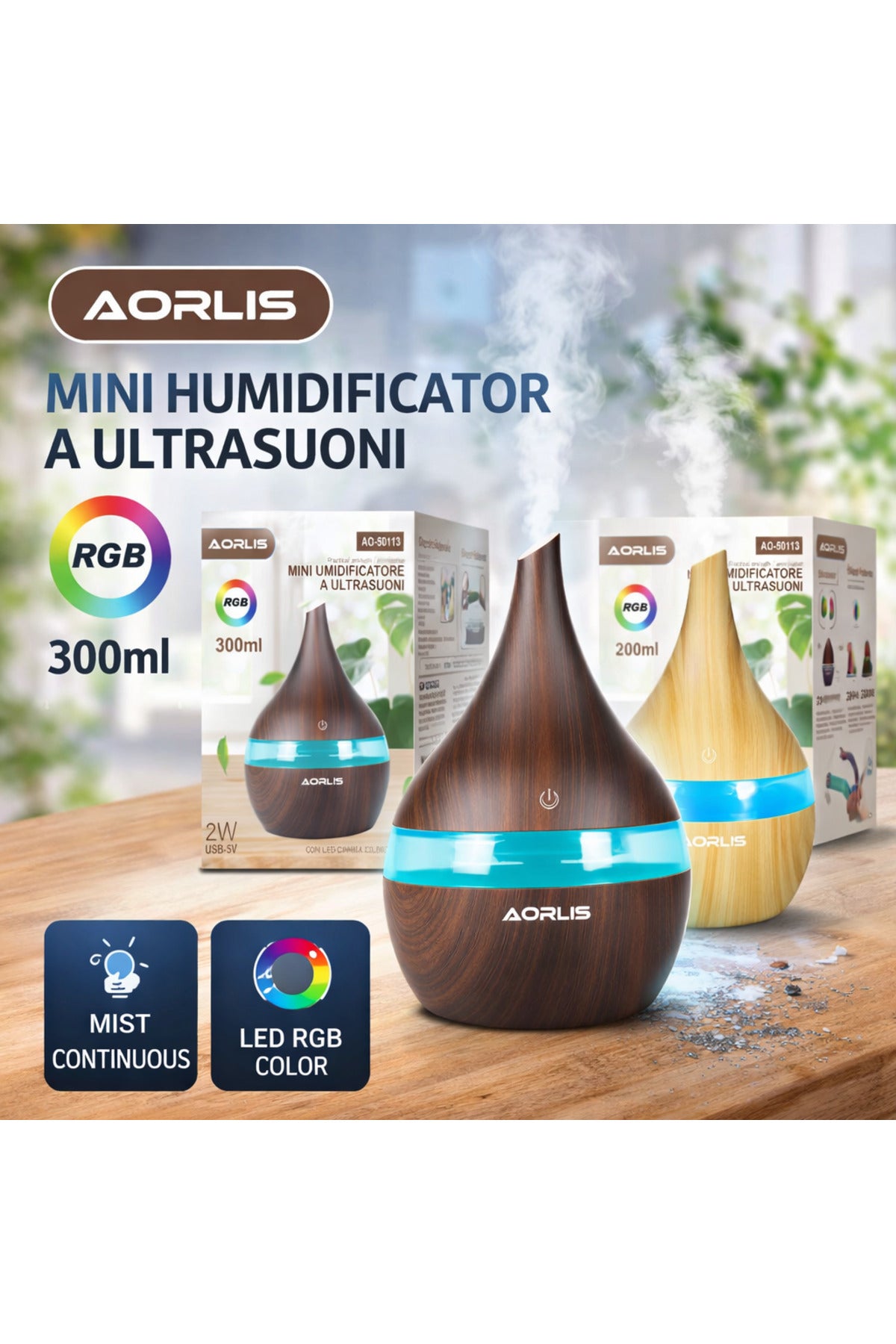 Umidificator Aromaterapie Ultrasonic 300ml cu LED RGB – Difuzor Aromatic, Design Modern