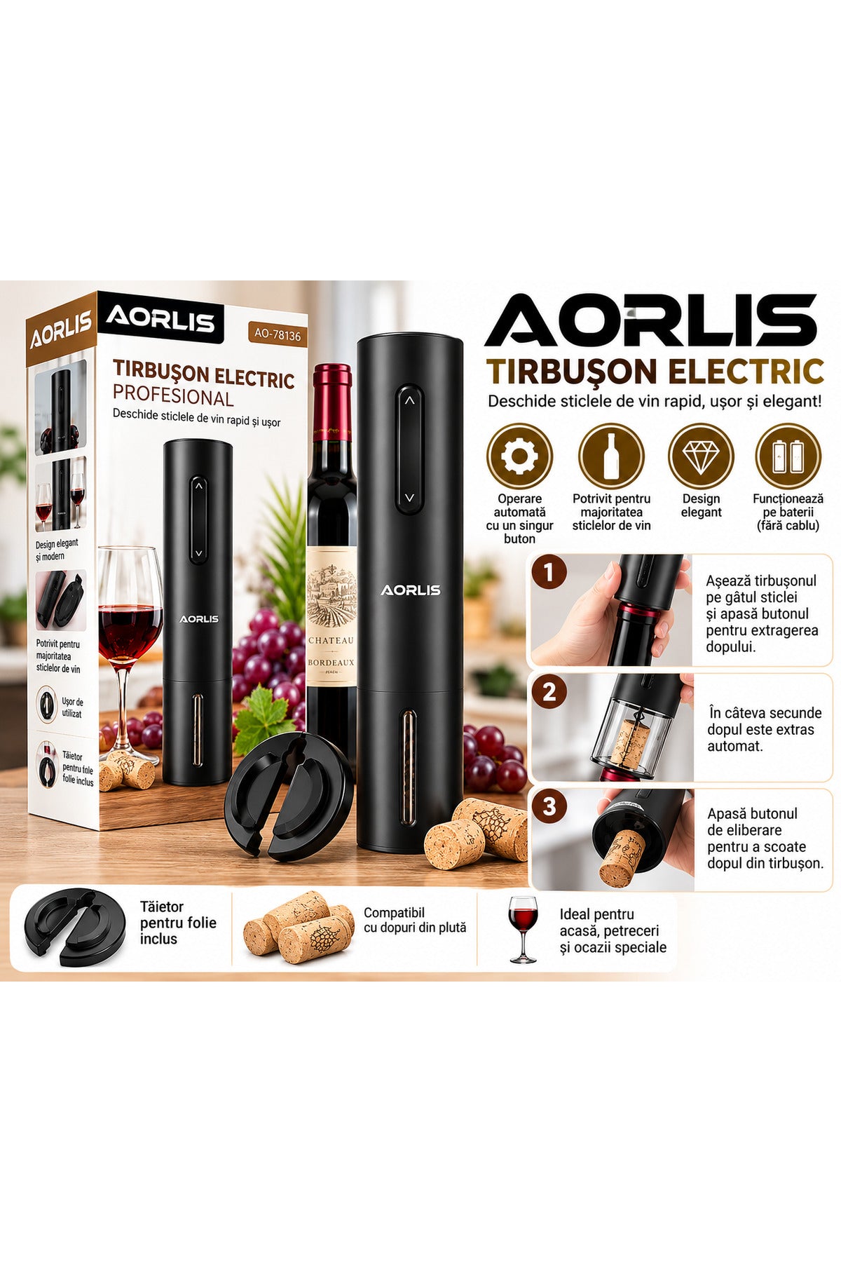 Tirbușon Electric AO-78136, Deschizător Automat pentru Sticle de Vin, Negru