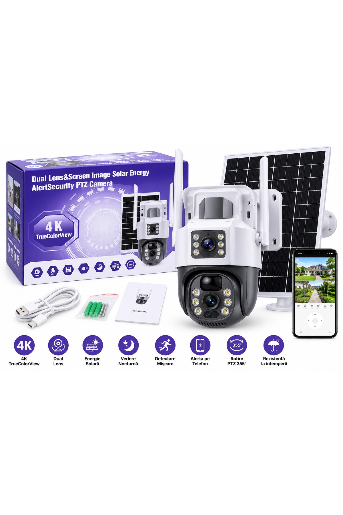 Cameră de supraveghere exterior 4K Dual Lens, PTZ 355°, panou solar, Wi-Fi, vedere nocturnă, detectare mișcare