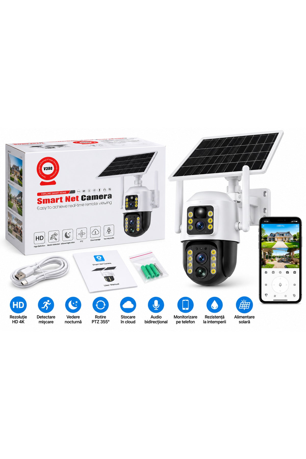 Cameră de supraveghere Wi-Fi PTZ V380 cu panou solar, vedere nocturnă și detectare mișcare