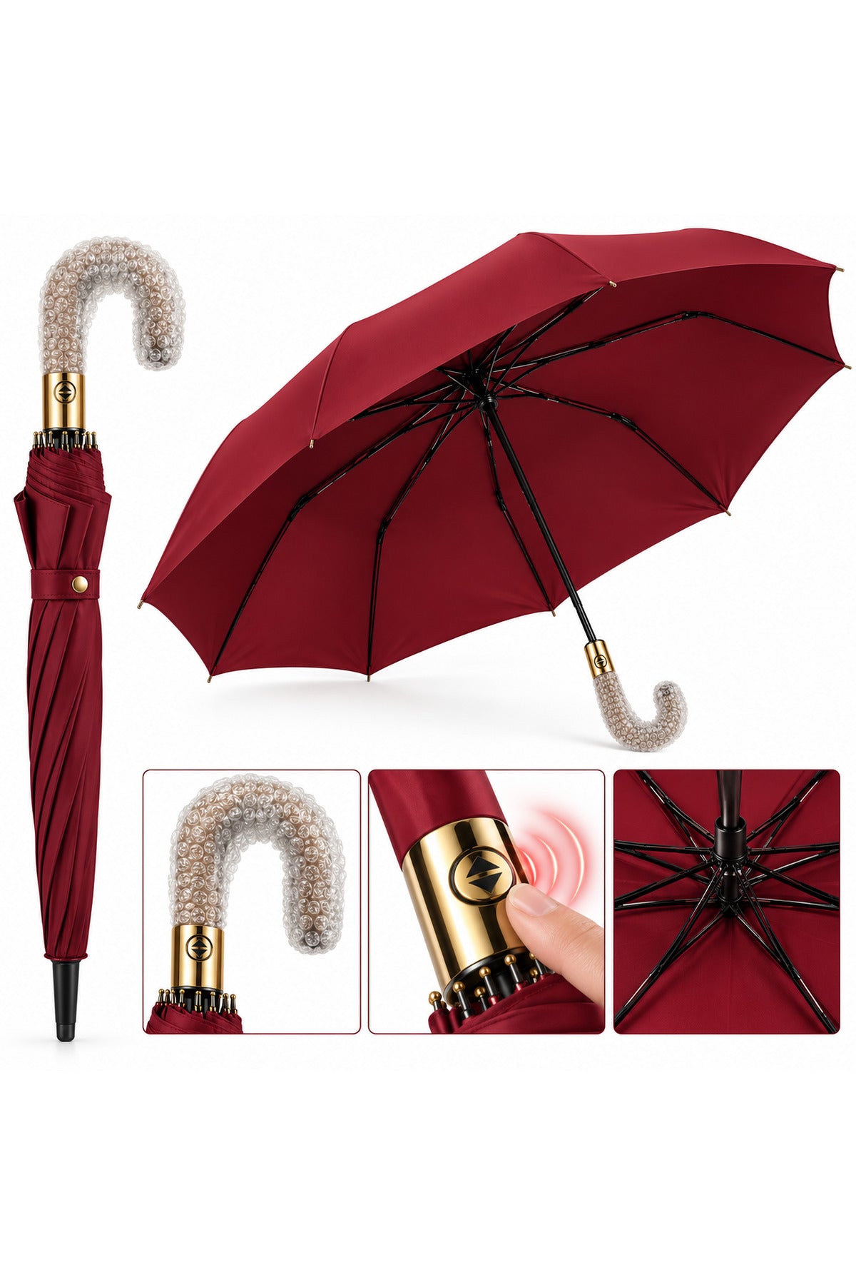 Umbrelă automată elegantă, cu mâner curbat, roșu vișiniu