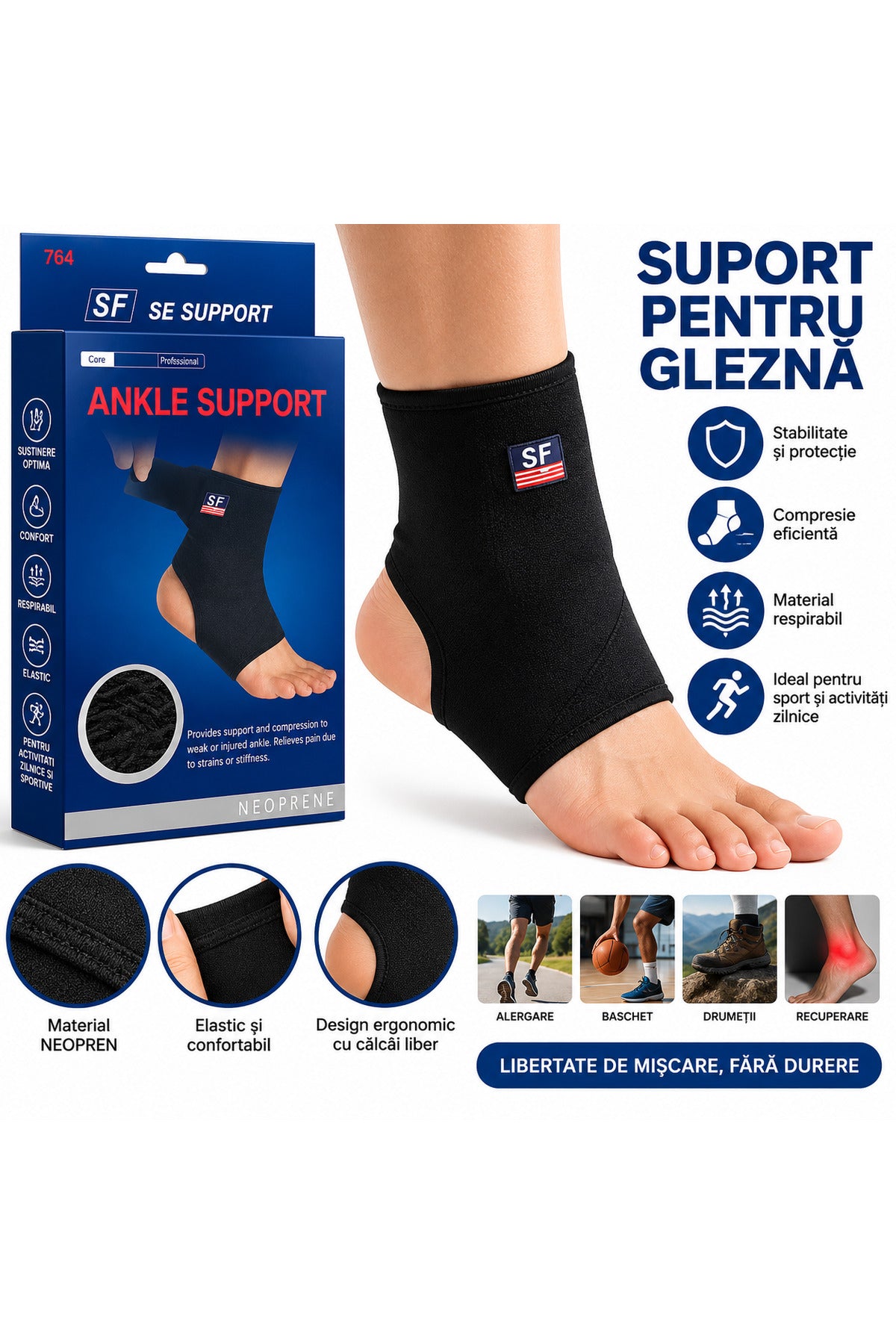 Suport pentru gleznă SF Support 764, compresie și susținere, neopren, Negru