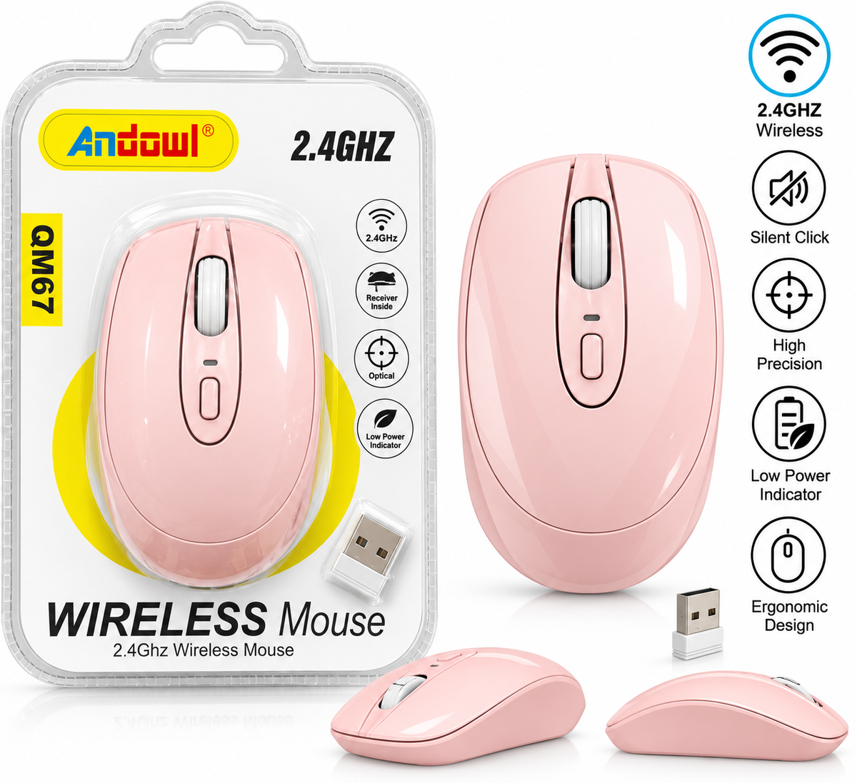 Mouse wireless Andowl QM67, roz