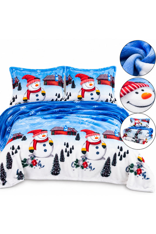 Set Pătură Pufoasă de Crăciun cu 2 Fețe de Pernă, Model Oameni de Zăpadă, Albastru și Alb, 3 Piese