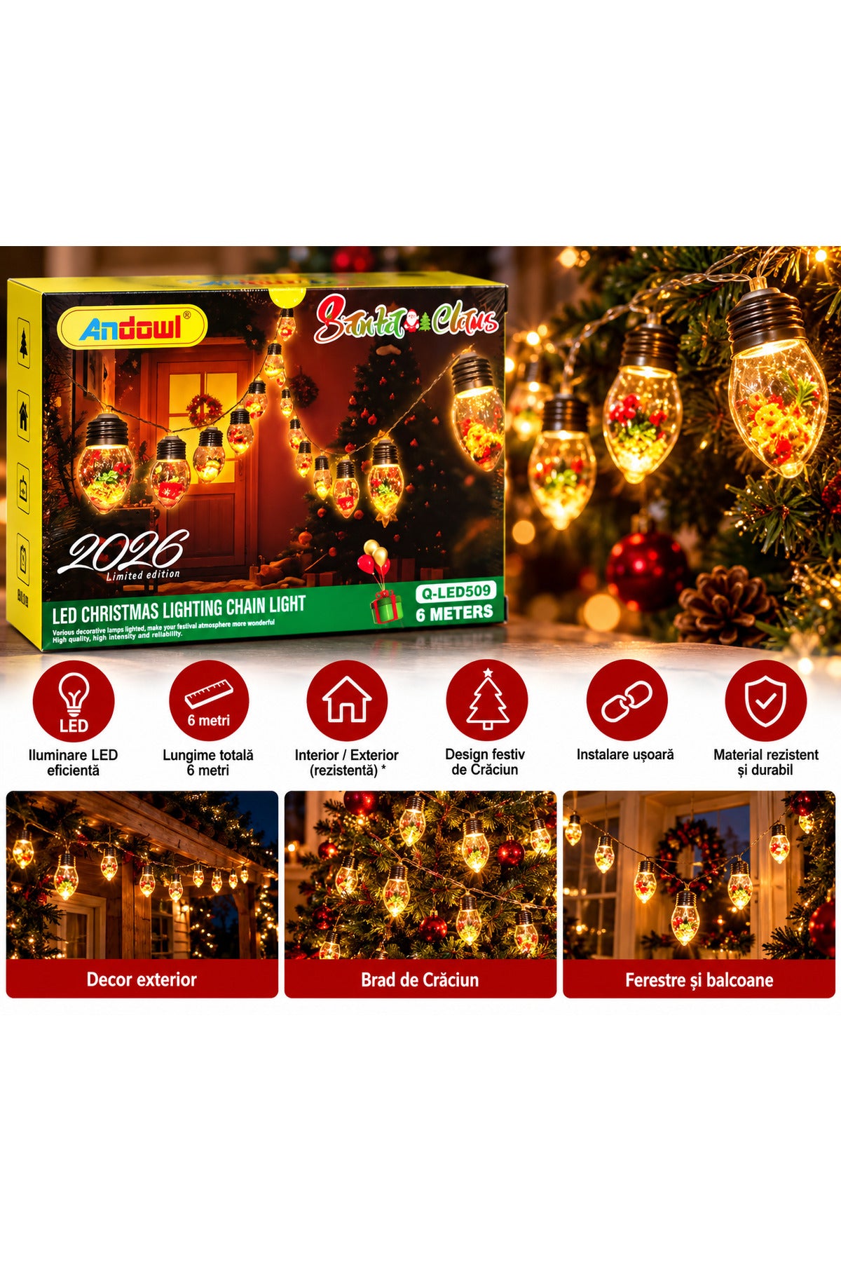 Ghirlandă luminoasă LED de Crăciun Q-LED509, 6 metri, beculețe decorative cu figurine festive, lumină caldă