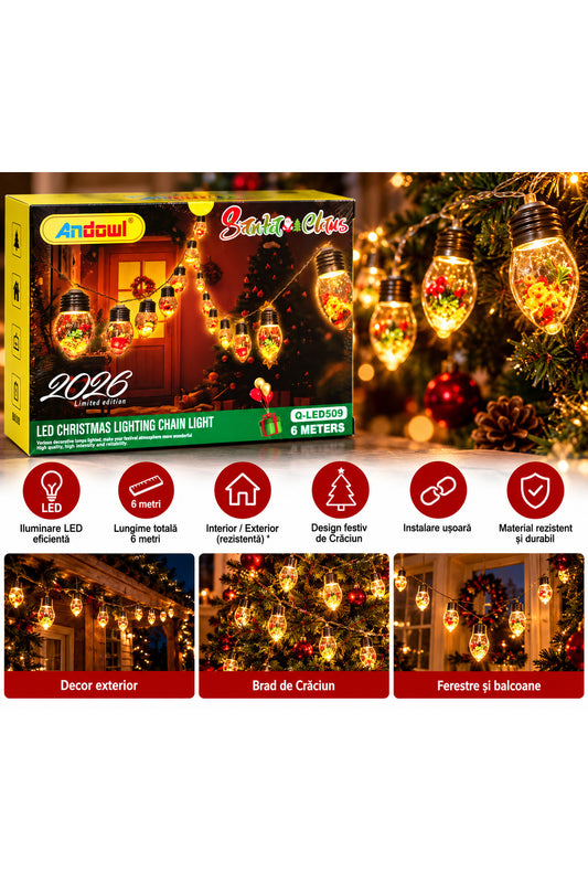 Ghirlandă luminoasă LED de Crăciun Q-LED509, 6 metri, beculețe decorative cu figurine festive, lumină caldă