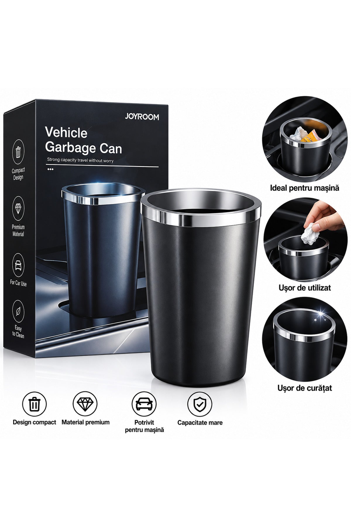 Coș de gunoi auto JOYROOM, design compact, reutilizabil, negru