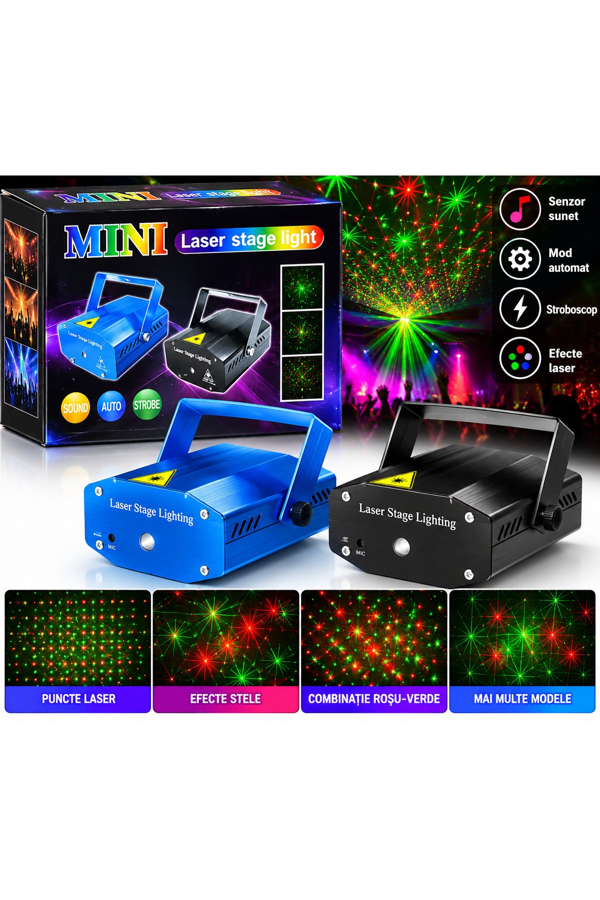 Proiector Laser Disco Mini Stage Light, lumini roșii și verzi, efecte pentru casă, mod automat, senzor sunet și stroboscop