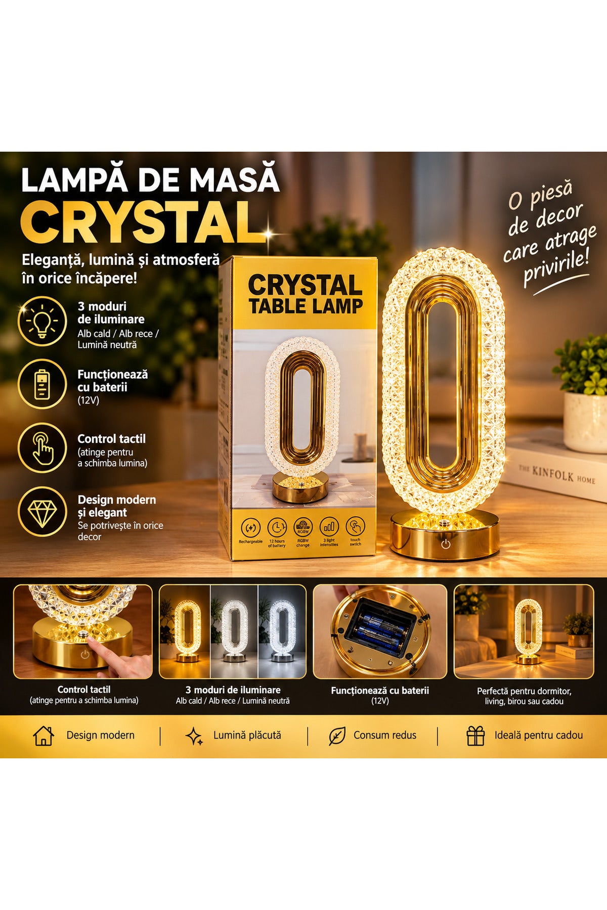 Lampă LED de Masă CRYSTAL, Design Elegant Auriu, 3 Moduri de Iluminare, Control Tactil