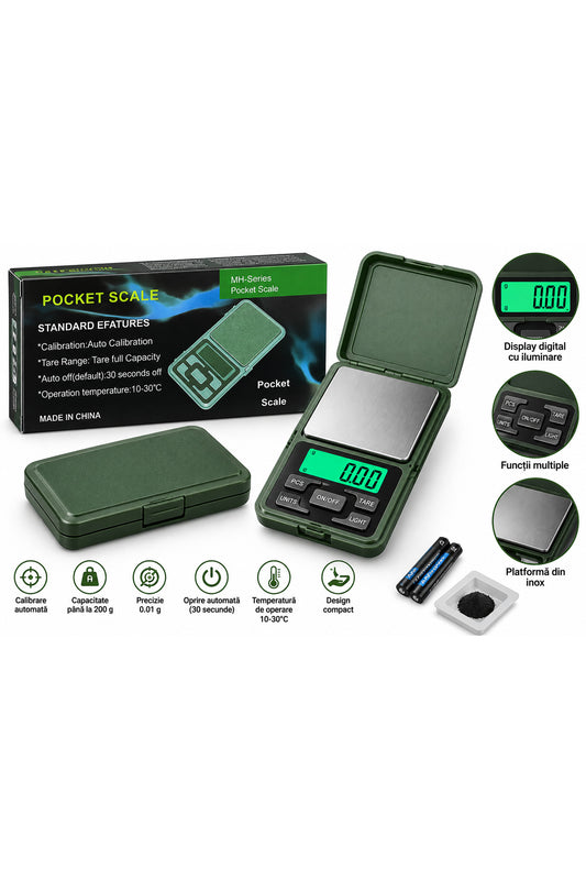 Cântar digital de buzunar, precizie 0,01 g, capacitate 200 g, funcție TARE, display iluminat