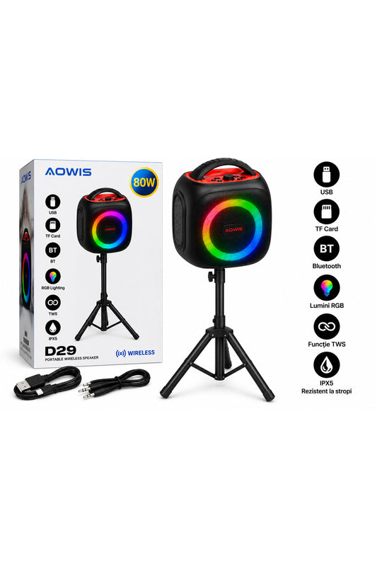 Boxă portabilă AOWIS D29, Bluetooth, 80W, RGB, USB, TF Card, TWS, IPX5, cu trepied