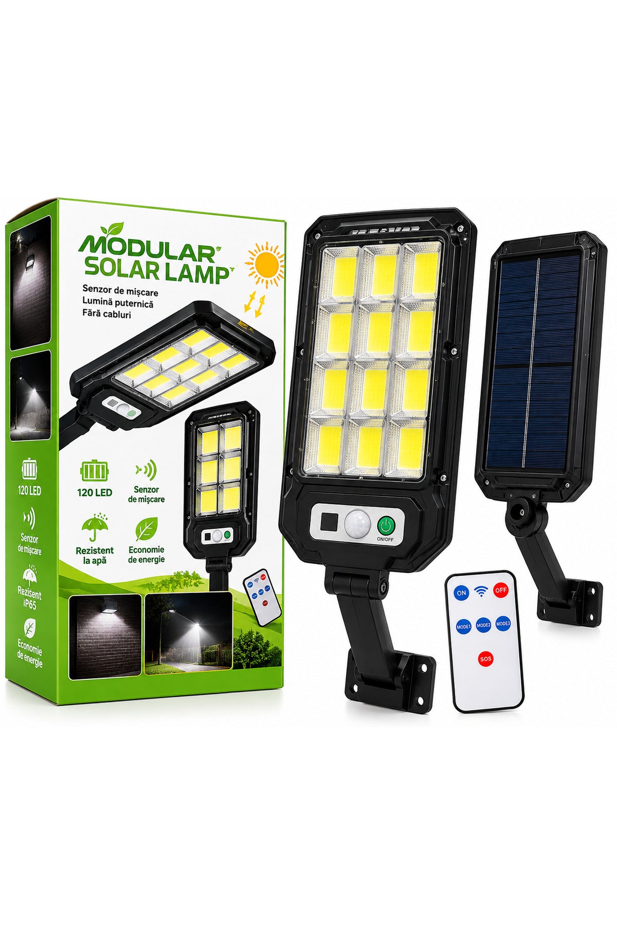 Lampă Solară LED Exterior WOLTA 120 COB, cu Senzor de Mișcare, Telecomandă, Iluminat Curte și Grădină