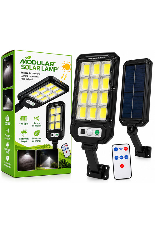 Lampă Solară LED Exterior WOLTA 120 COB, cu Senzor de Mișcare, Telecomandă, Iluminat Curte și Grădină