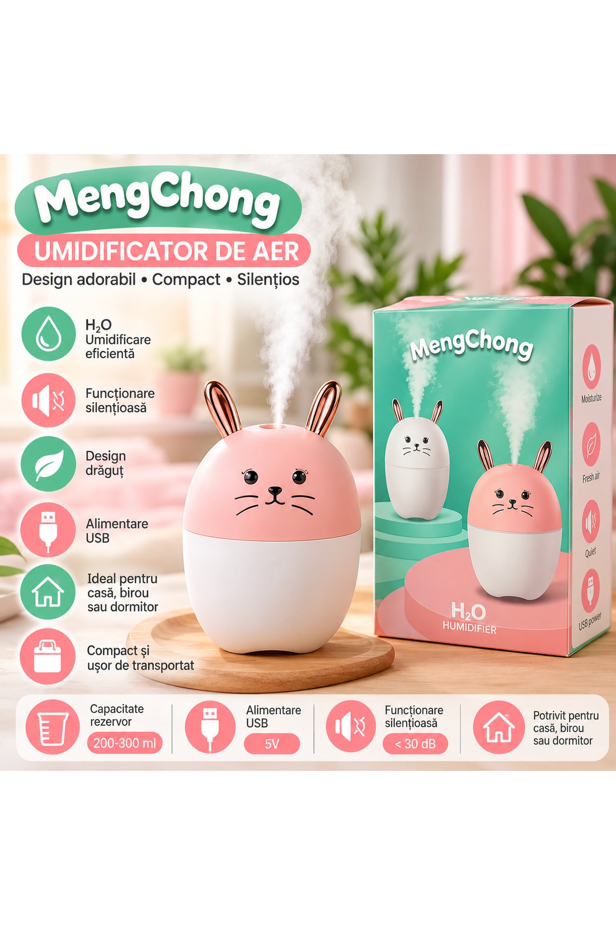 Umidificator de aer MengChong H2O, USB, design iepuraș, roz-alb