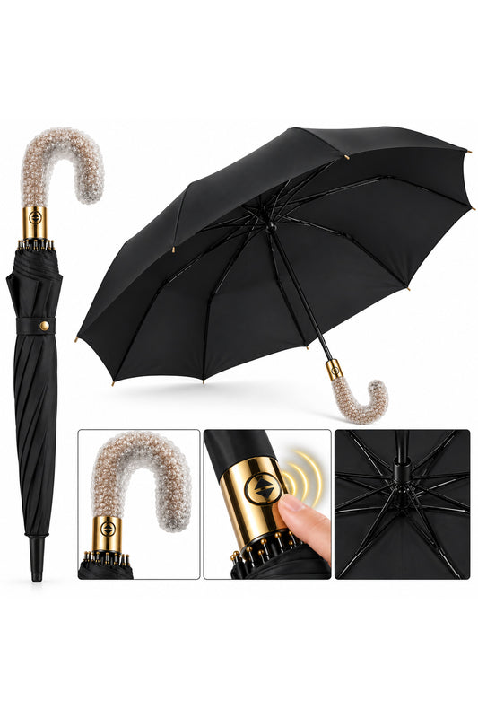 Umbrelă automată elegantă, cu mâner curbat, neagră, unisex