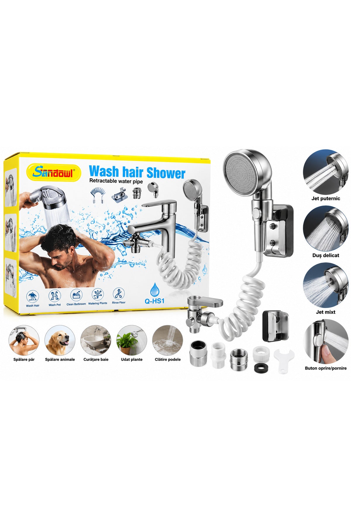 Set duș pentru chiuvetă Sandowl Q-HS1, para duș cu furtun flexibil și adaptor
