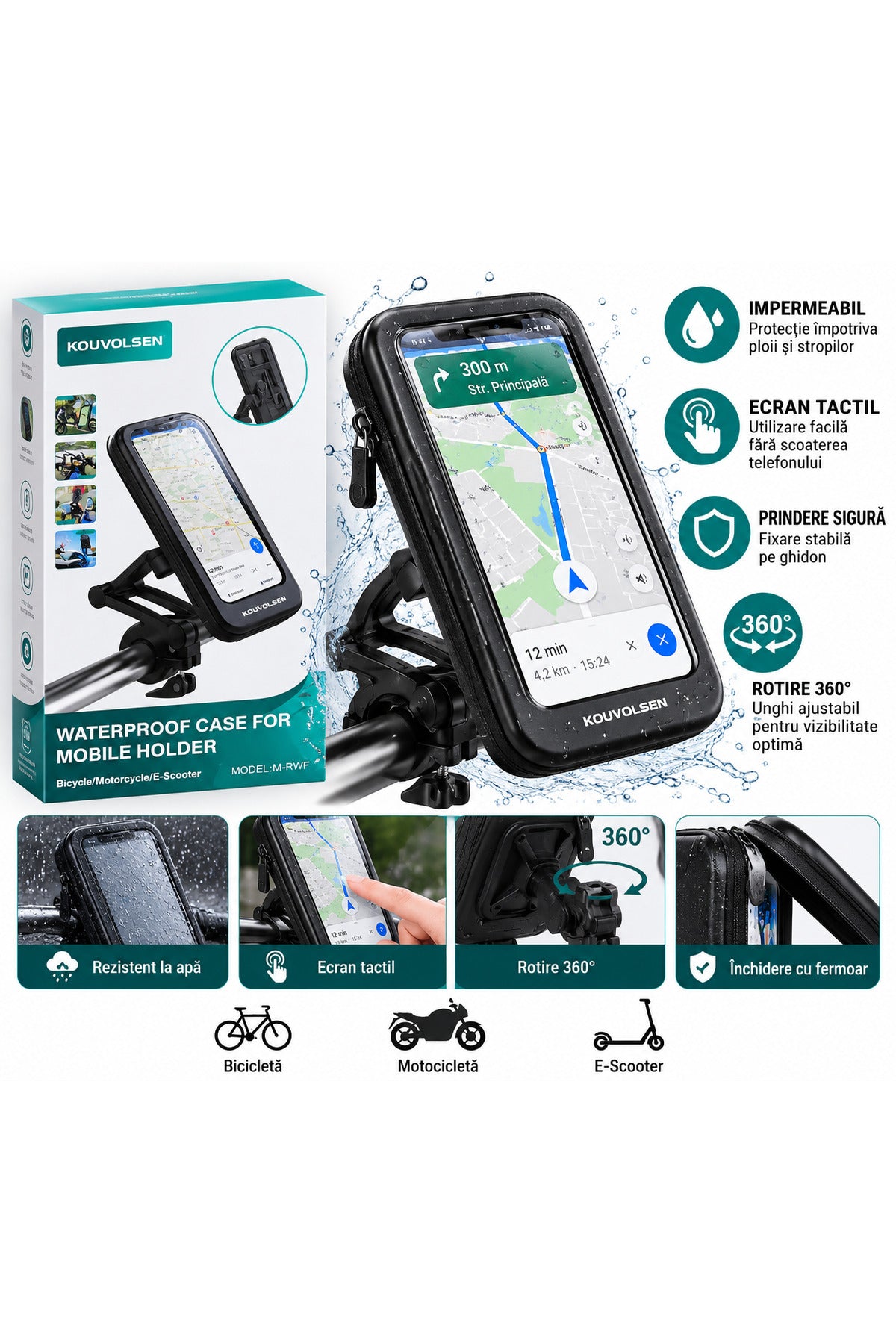 Suport telefon impermeabil KOUVOLSEN pentru bicicletă, motocicletă și trotinetă electrică, husă cu ecran tactil, prindere pe ghidon, negru