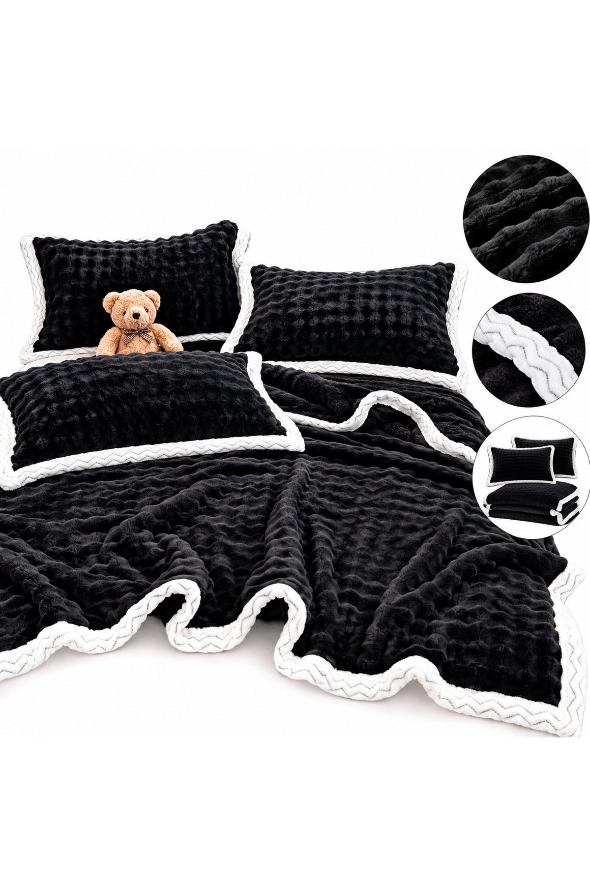 Set Pătură Pufoasă Dublă cu 2 Fețe de Pernă, Negru cu Margini Albe, 200x230 cm, Moale și Confortabilă, 3 Piese
