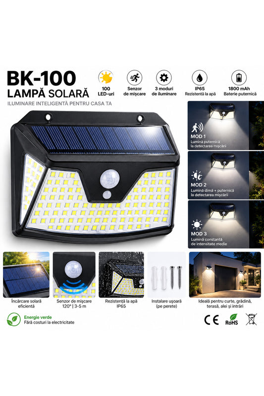 Lampă solară exterior BK-100, 100 LED, senzor de mișcare, 3 moduri, IP65, 600 lm, Negru