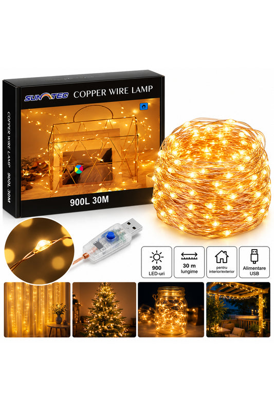 Instalație luminoasă LED SUNATEC, 30 m, 900 LED-uri, fir cupru, lumină caldă, alimentare USB