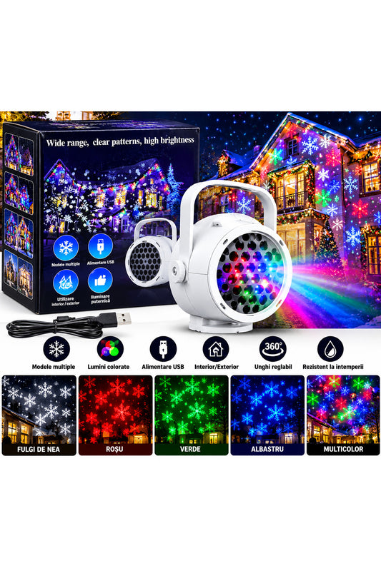 Proiector LED decorativ de Crăciun cu fulgi de zăpadă, lumini pentru fațadă și grădină, alb