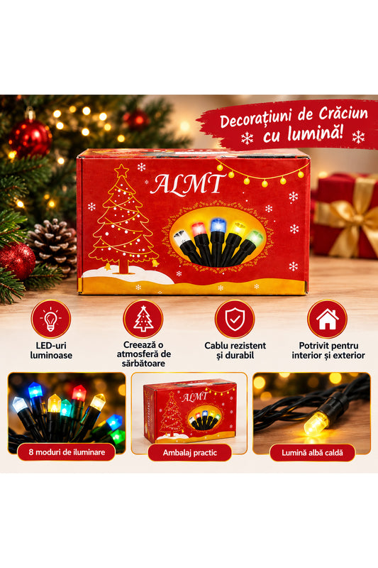 Instalație Luminoasă 25M LED de Crăciun ALMT, Multicoloră, pentru Decorațiuni Festive