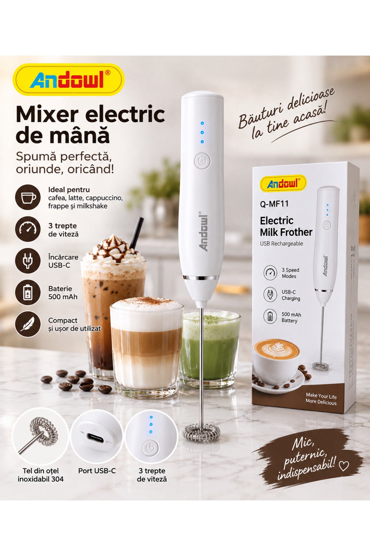 Mixer electric de mână Q-MF11, 3 viteze, USB-C, 5W, Alb