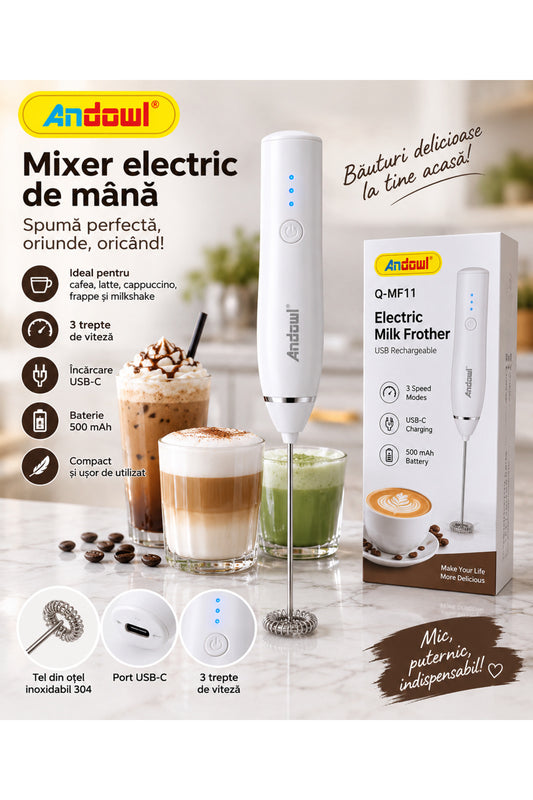 Mixer electric de mână Q-MF11, 3 viteze, USB-C, 5W, Alb