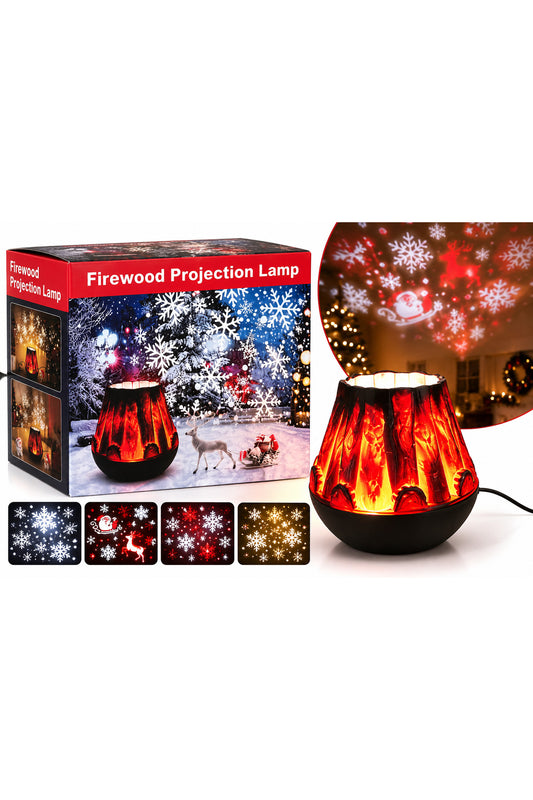 Lampă LED decorativă de Crăciun cu efect de foc și proiecție fulgi de zăpadă