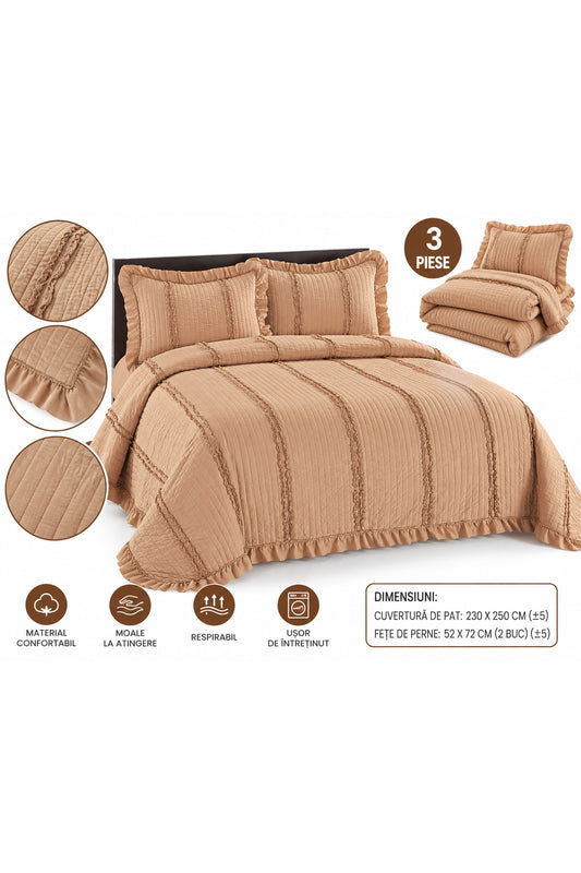 Cuvertură de Pat Bumbac 100% Matlasată Elegantă, 3 Piese, 230x250 cm, cu 2 Fețe de Pernă, Bej, Model cu Volane