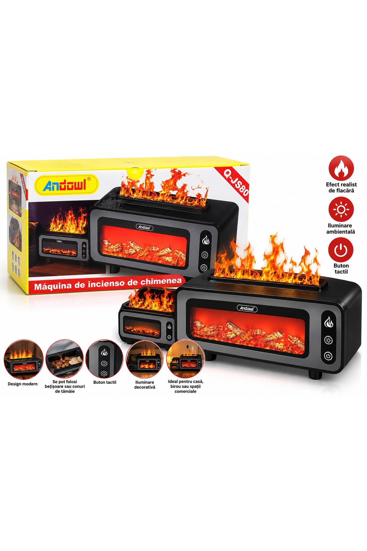 Șemineu decorativ electric Q-JS80, efect de flacără, iluminare ambientală, negru
