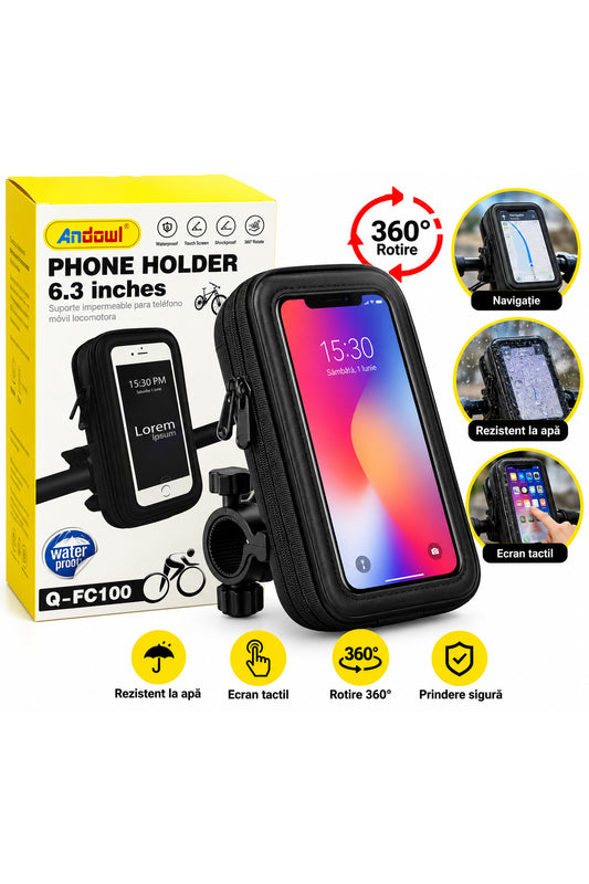 Suport telefon impermeabil pentru bicicletă Q-FC100, 6.3 inch, husă cu ecran tactil, negru