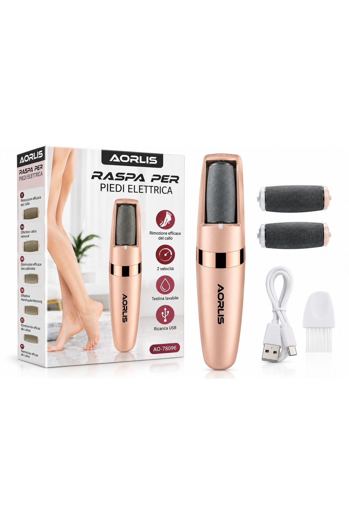 Pilă electrică pentru călcâie AO-78096, reîncărcabilă USB, 4 în 1, Rose Gold