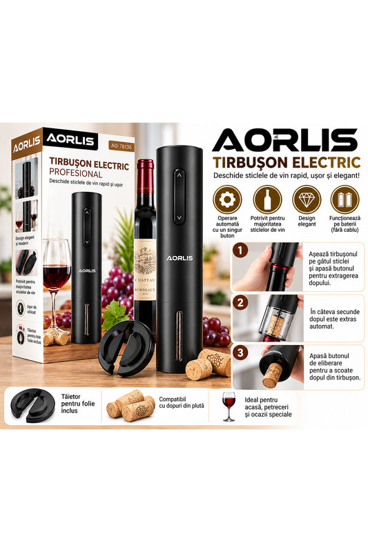 Tirbușon Electric AO-78136, Deschizător Automat pentru Sticle de Vin, Negru