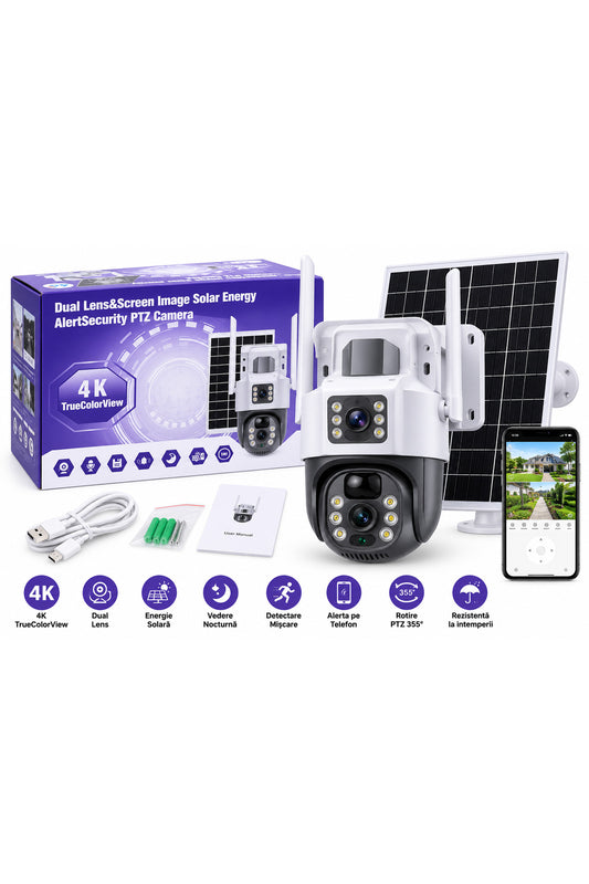 Cameră de supraveghere exterior 4K Dual Lens, PTZ 355°, panou solar, Wi-Fi, vedere nocturnă, detectare mișcare