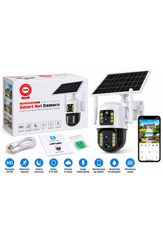 Cameră de supraveghere Wi-Fi PTZ V380 cu panou solar, vedere nocturnă și detectare mișcare
