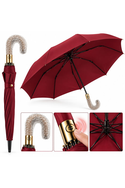 Umbrelă automată elegantă, cu mâner curbat, roșu vișiniu